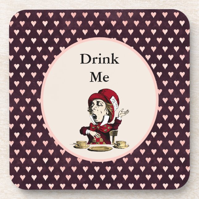 Burgundy Drink Me Mad Hatter Alice in Wonderland Beverage Coaster (Front)