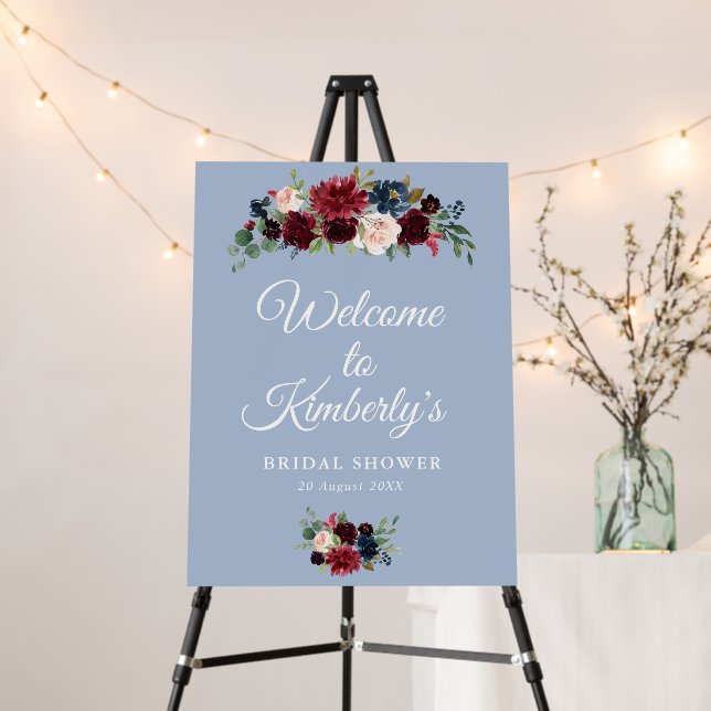 burgundy dusty blue bridal shower welcome sign (In Situ (Stand))