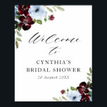burgundy dusty blue bridal shower welcome sign<br><div class="desc">beautiful burgundy dusty blue watercolor flowers. The text and colors on this sign poster can be edited.</div>