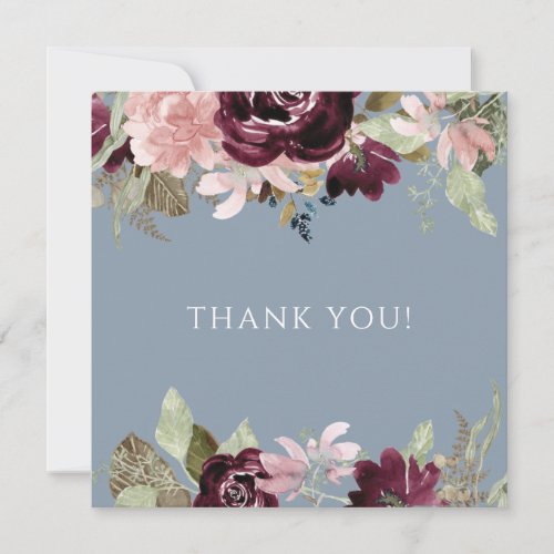 Burgundy Dusty Blue Elegant Floral Wedding Thank Card