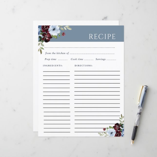 burgundy dusty blue elegant recipe card (Front/Back In Situ)