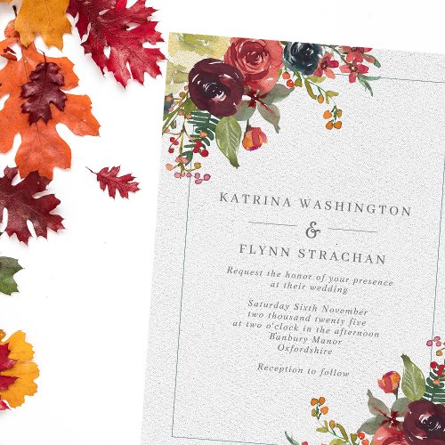 Burgundy  Dusty Blue Fall Floral Border Wedding Invitation