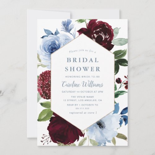 burgundy dusty blue floral bridal shower invitation