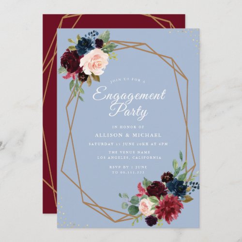 burgundy dusty blue floral geometric engagement  invitation