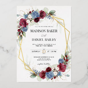 Burgundy Dusty Blue Floral Geometric Foil Invitation