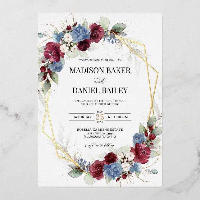 Burgundy Dusty Blue Floral Geometric Foil Invitation (Front)