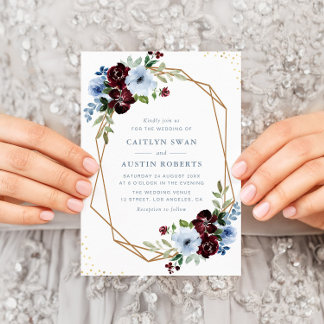 burgundy dusty blue floral geometric wedding invitation