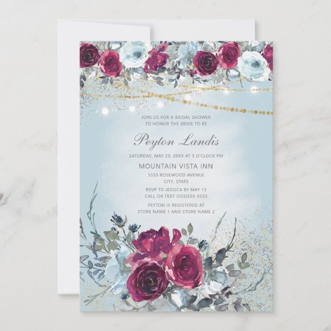 Burgundy Dusty Blue Floral Glitter Bridal Shower Invitation (Front)