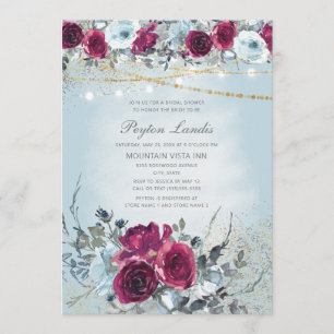 Burgundy Dusty Blue Floral Glitter Bridal Shower Invitation