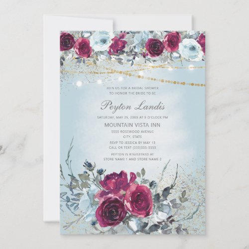 Burgundy Dusty Blue Floral Glitter Bridal Shower Invitation