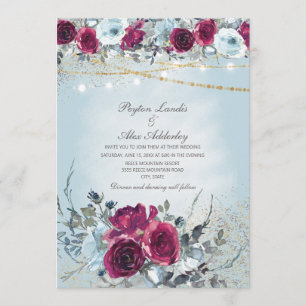 Burgundy Dusty Blue Floral Glitter Wedding Invitation