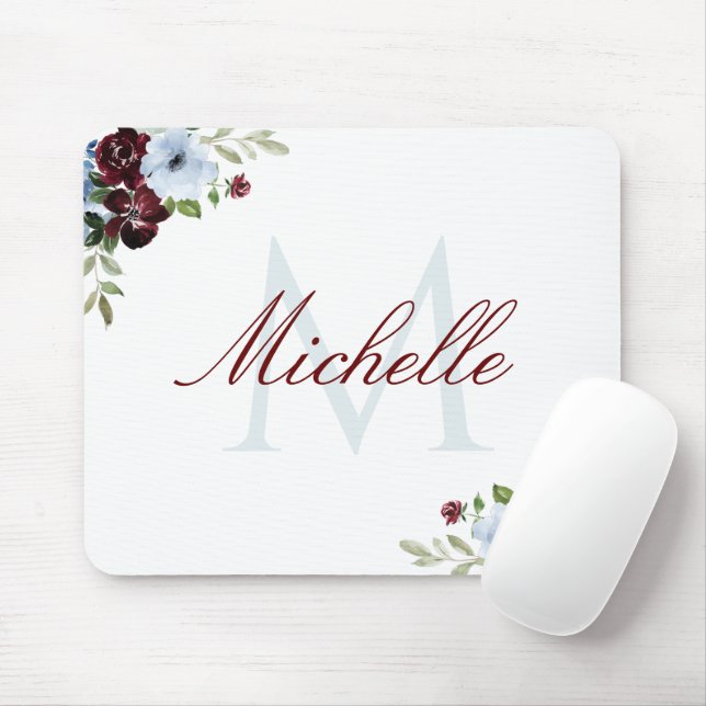 burgundy dusty blue floral monogram  mouse pad (With Mouse)