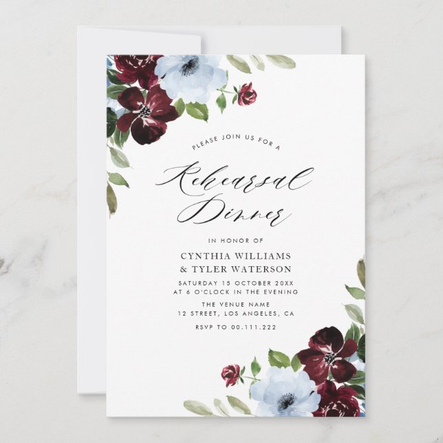 burgundy dusty blue floral rehearsal dinner invitation (Front)