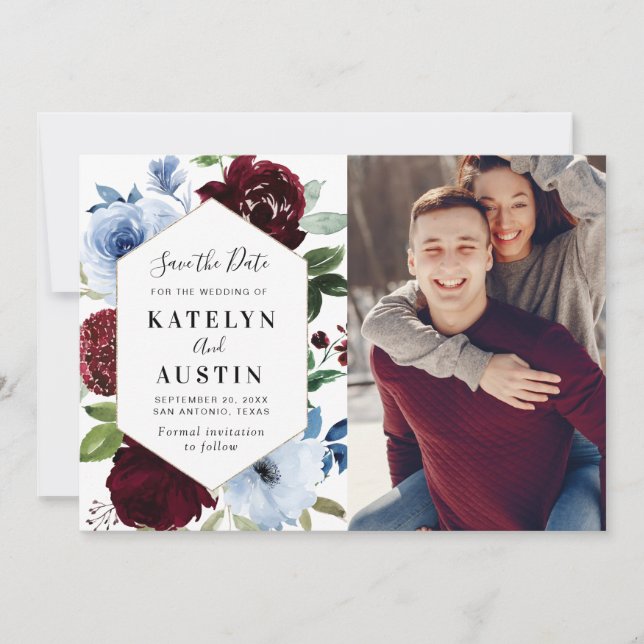 burgundy dusty blue floral save the date card (Front)