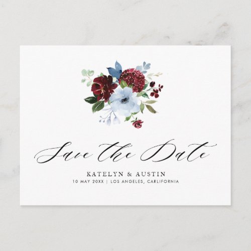 burgundy dusty blue floral save the date postcard