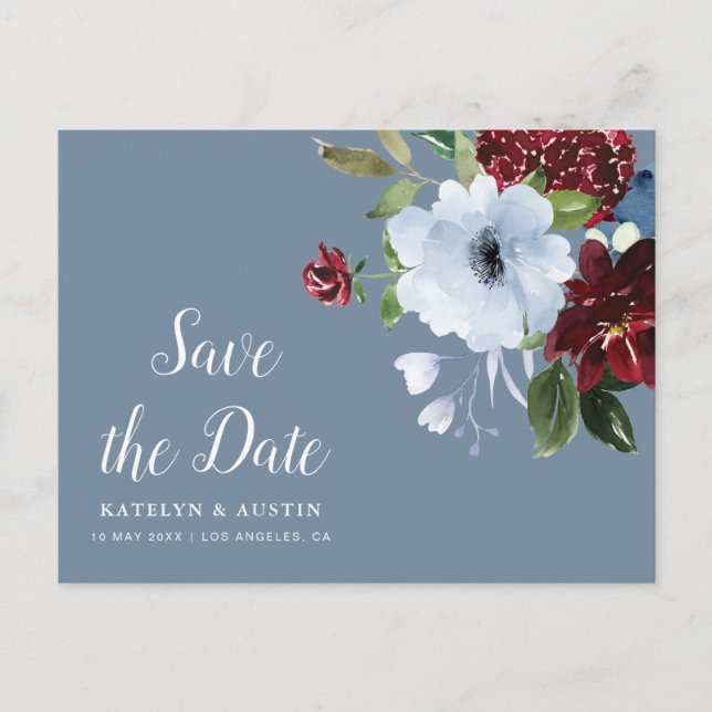 burgundy dusty blue floral save the date postcard (Front)