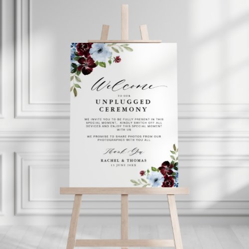 burgundy dusty blue floral unplugged ceremony sign