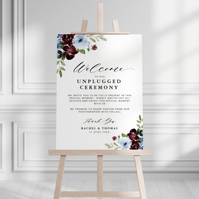 burgundy dusty blue floral unplugged ceremony sign (Creator Uploaded)