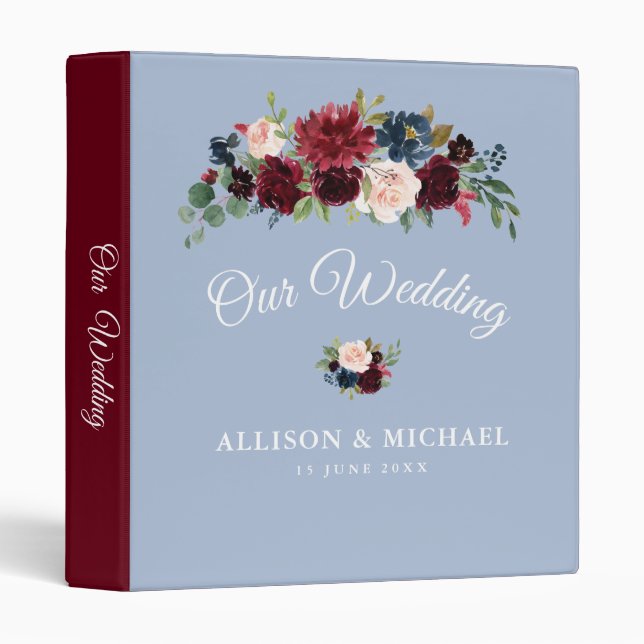 burgundy dusty blue floral wedding album 3 ring binder (Front/Spine)