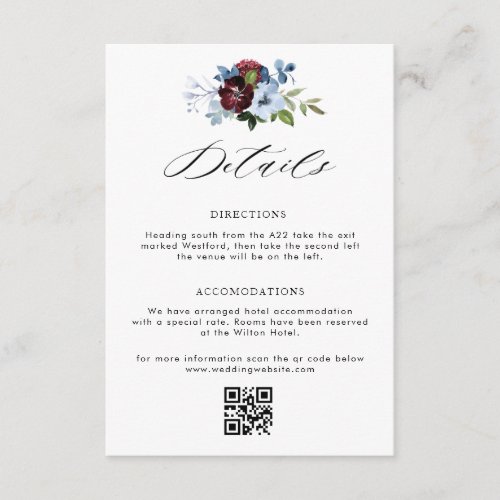burgundy dusty blue floral wedding details card