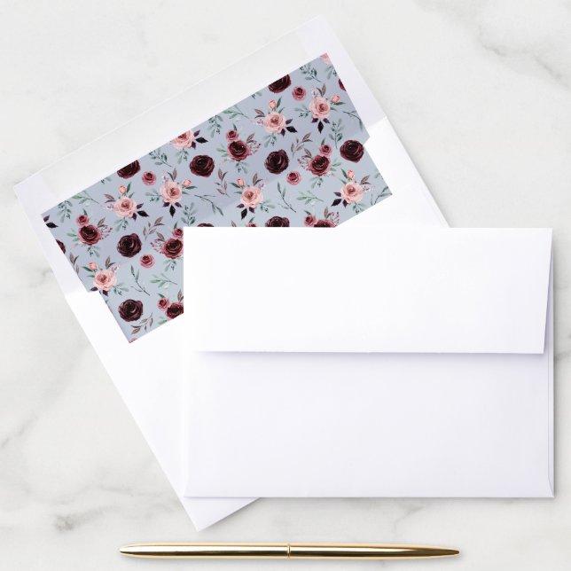 Burgundy Dusty Blue Floral Wedding Envelope Liner (Desk)