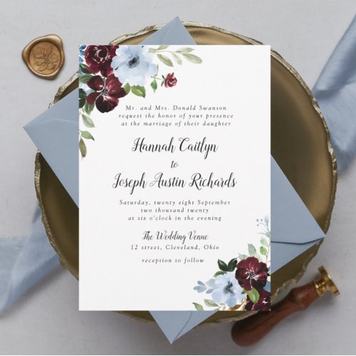 burgundy dusty blue floral wedding invitation