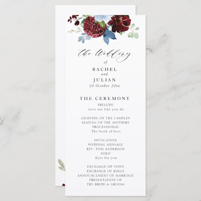 burgundy dusty blue floral wedding program (Front/Back)