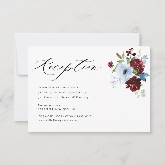 burgundy dusty blue floral wedding reception card (Front)