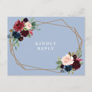 burgundy dusty blue floral wedding RSVP Postcard