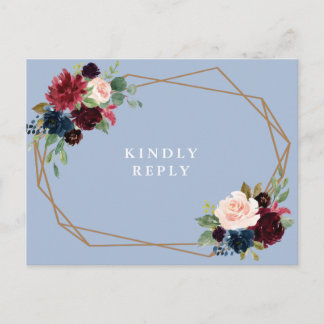 burgundy dusty blue floral wedding RSVP Postcard