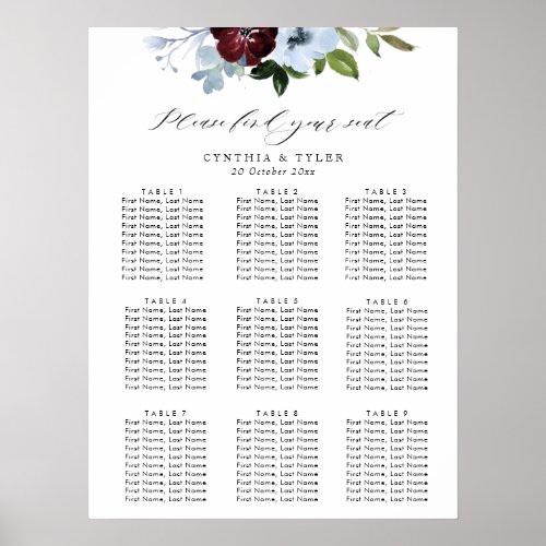 burgundy dusty blue floral wedding seating chart