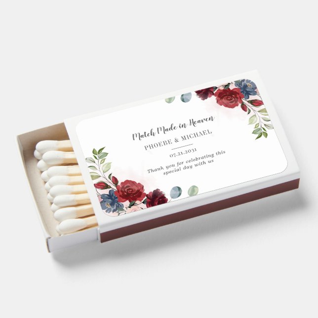 Burgundy Dusty Blue Floral Wedding Thank You Matchboxes (Front Open)