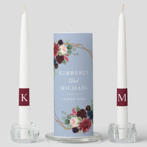 burgundy dusty blue floral wedding  unity candle set