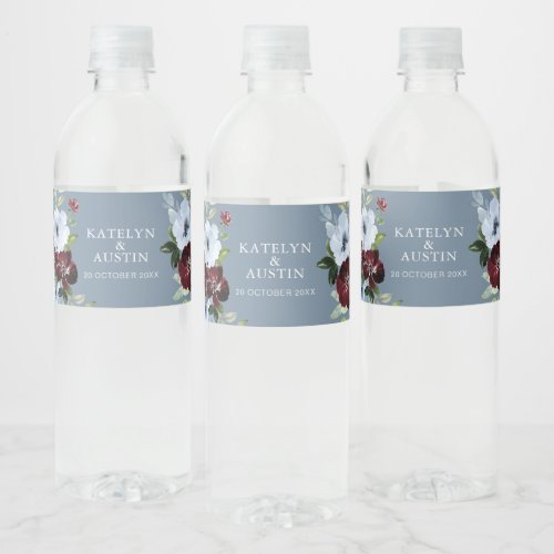 burgundy dusty blue floral wedding water bottle label