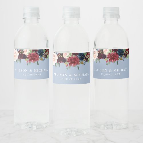 burgundy dusty blue floral wedding water bottle label