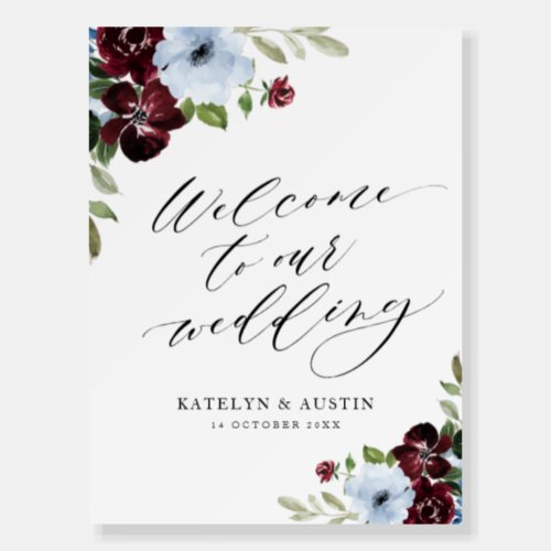 burgundy dusty blue floral wedding welcome sign