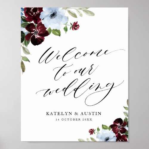 burgundy dusty blue floral welcome wedding sign