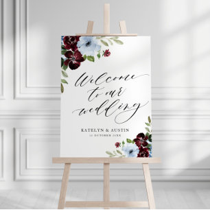 burgundy & dusty blue floral welcome wedding sign
