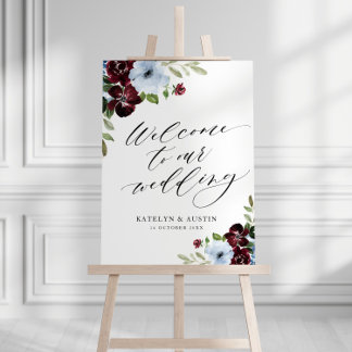 burgundy & dusty blue floral welcome wedding sign