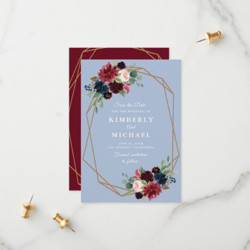 burgundy dusty blue geometric save the date card