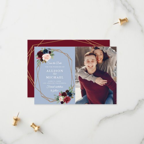 burgundy dusty blue geometric save the date card