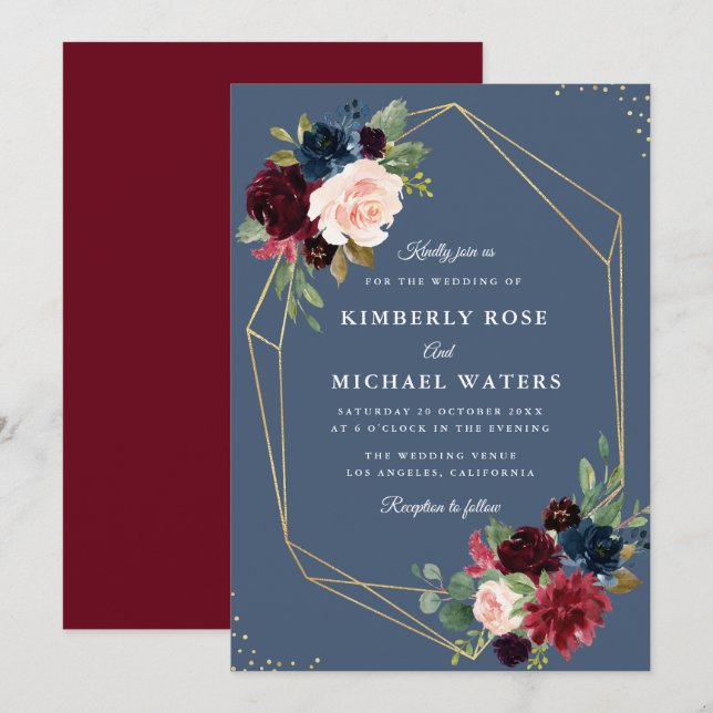 Burgundy & Dusty blue gold geometric wedding Invitation (Front/Back)