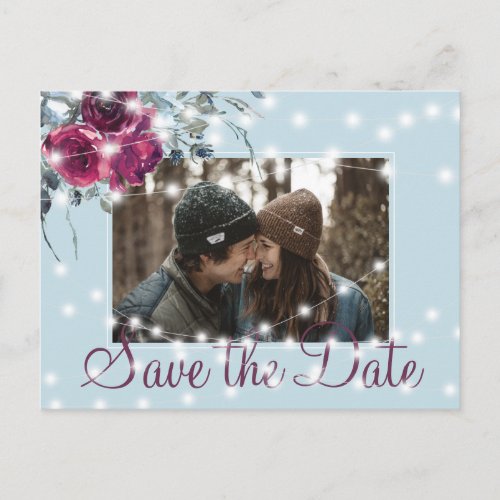 Burgundy dusty blue lights photo save date wedding announcement postcard