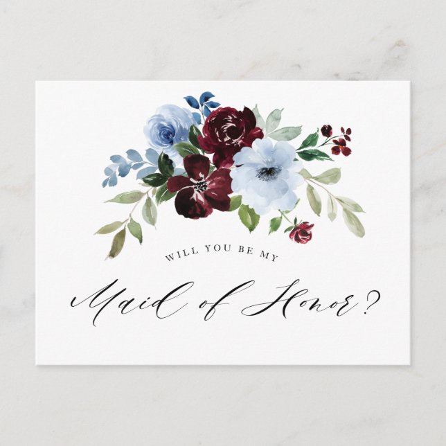 burgundy dusty blue Maid of Honor proposal card (Front)
