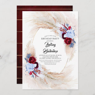 Burgundy Dusty Blue Pampas Grass Birthday Party Invitation