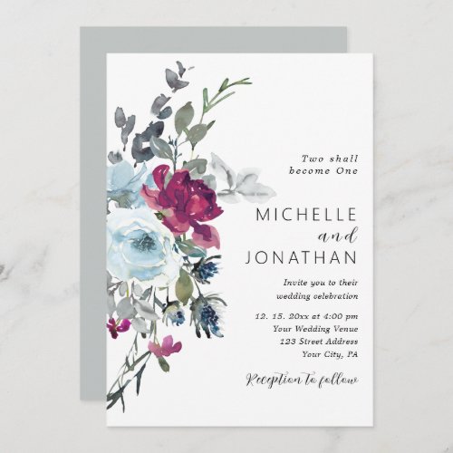 Burgundy Dusty Blue Rose Floral Christian Wedding Invitation