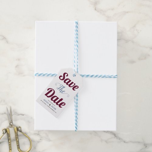 Burgundy dusty blue typography Save the Date photo Gift Tags