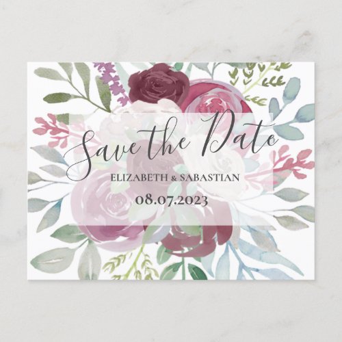 Burgundy  Dusty Blue Watercolor Save The Date  Announcement Postcard