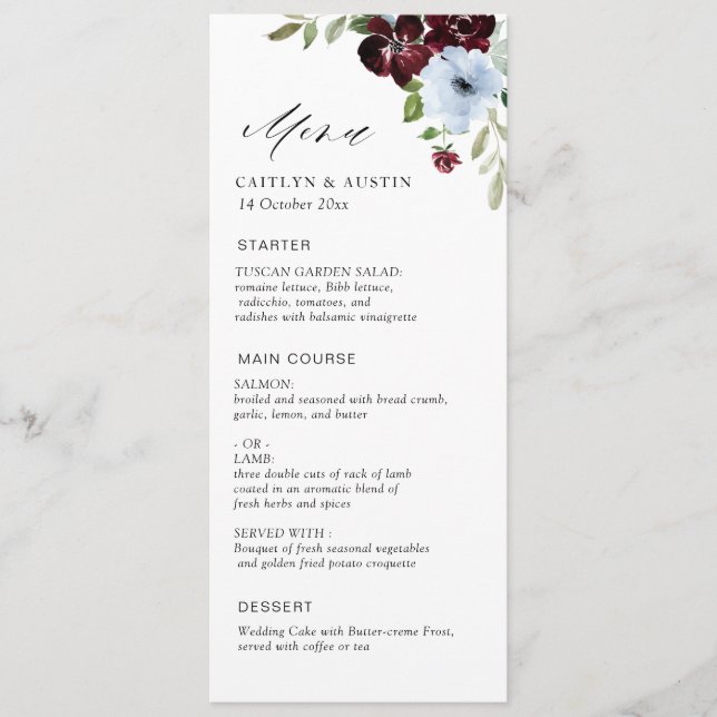 burgundy dusty blue wedding menu (Front)