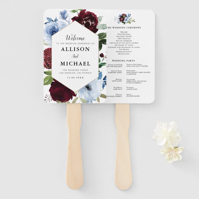 burgundy dusty blue wedding program hand fan (Front and Back)